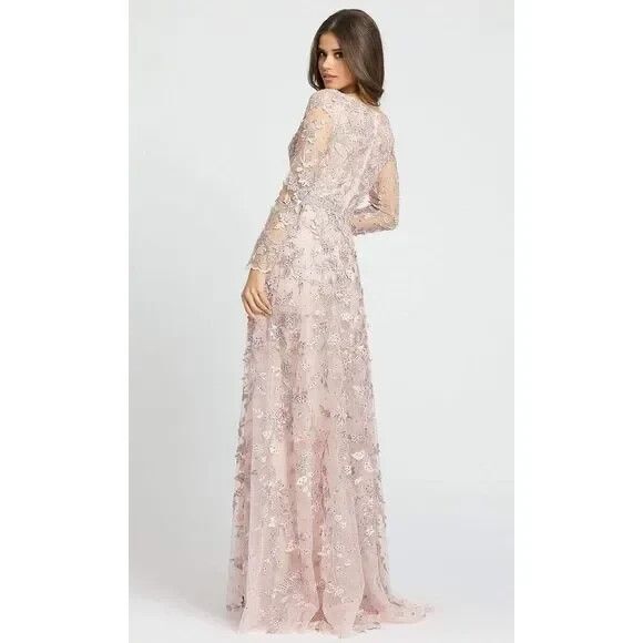 Mac Duggal 70224 Floral Applique Long Sleeve Illusion Gown Rose Pink NWT - Picture 7 of 8
